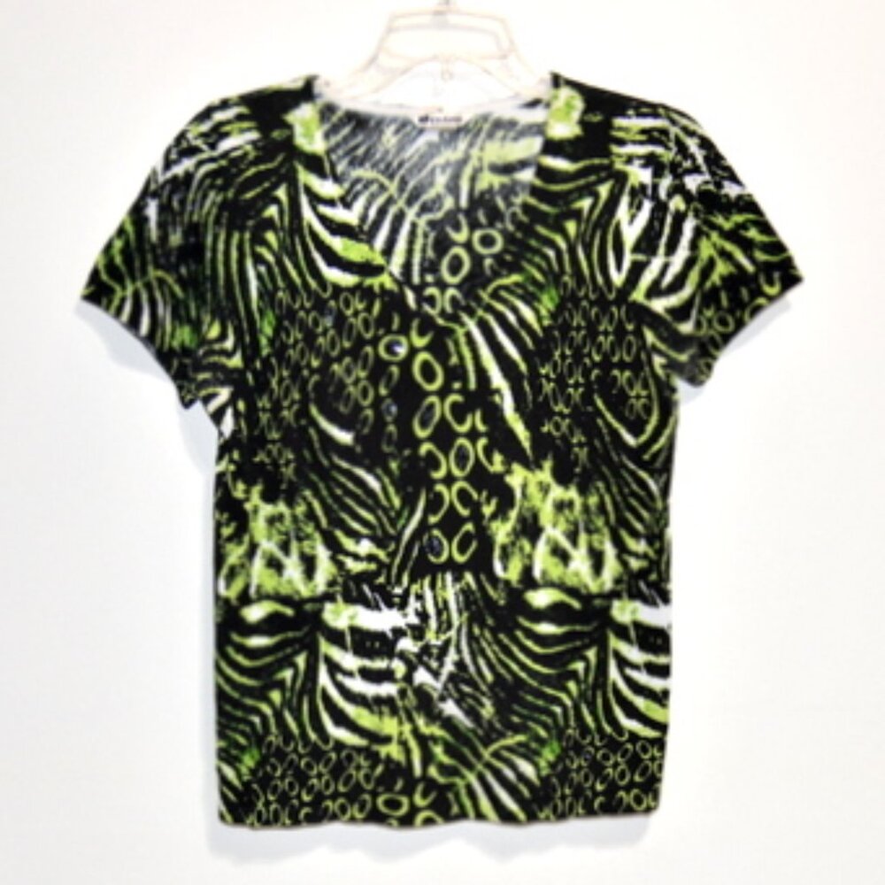Nygard Collection Women's Green Abstract Short Sleeve V-Neck Blouse – Size: M